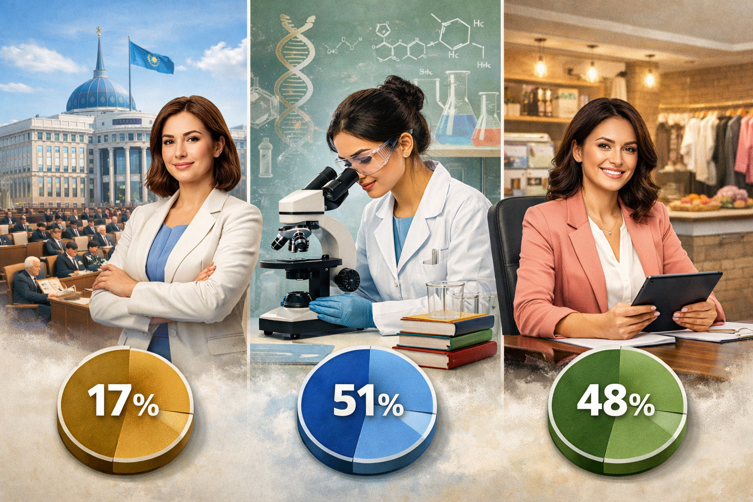 Саясатта 17%, ғылымда 51%, кәсіпкерлікте 48%: Қазақстандағы әйелдер үлесі қанша?