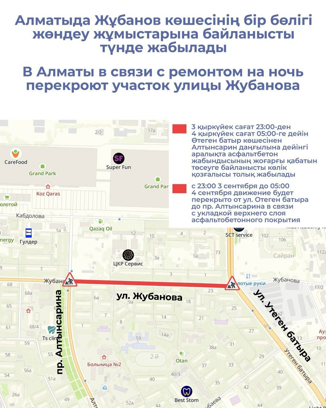 Алматыда Жұбанов көшесінің бір бөлігі жөндеу жұмыстарына байланысты түнде жабылады