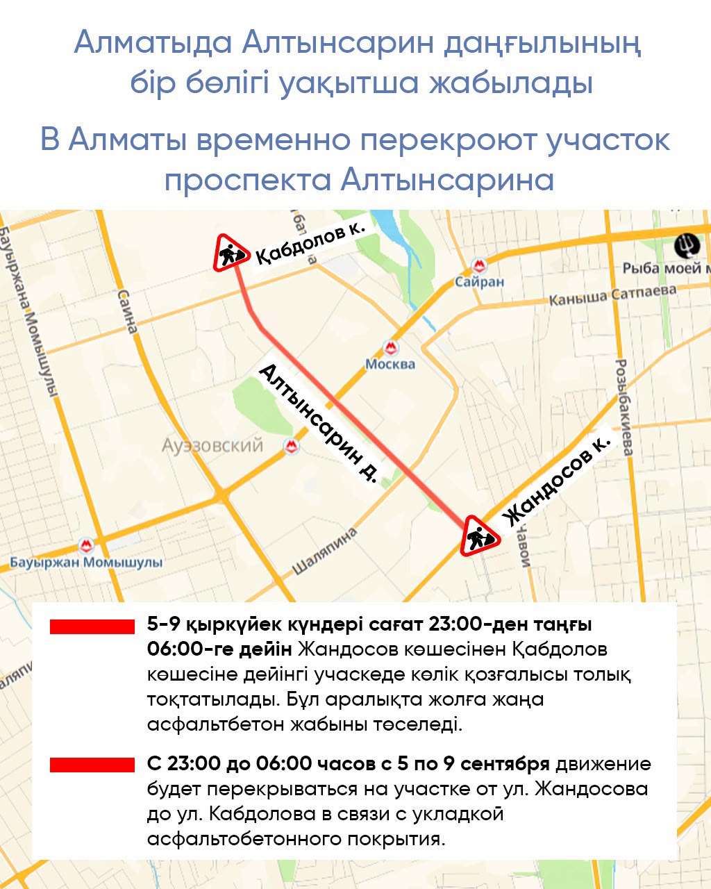 Алматыда Алтынсарин даңғылының бір бөлігі уақытша жабылады