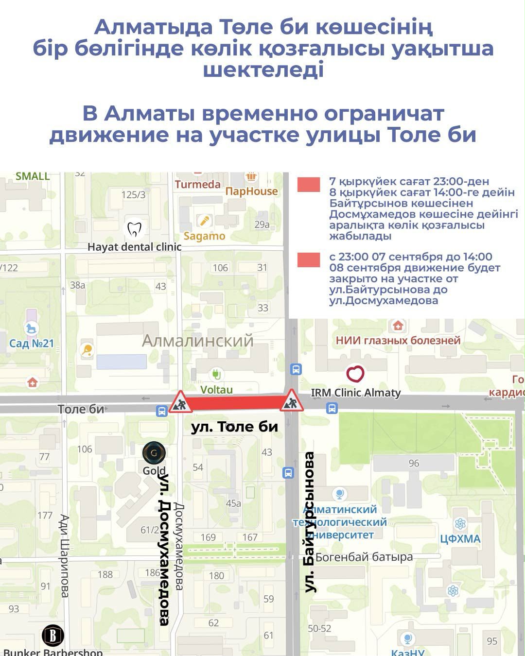 Алматыда Төле би көшесінің бір бөлігінде көлік қозғалысы уақытша шектеледі